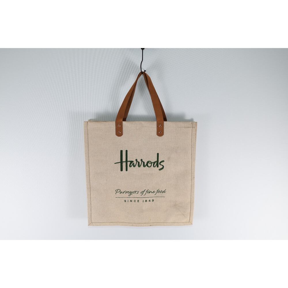 A5 New HARRODS Reusable Jute Cotton Food Halls Shopper Bag Tote Leather Handles - Picture 4 of 4